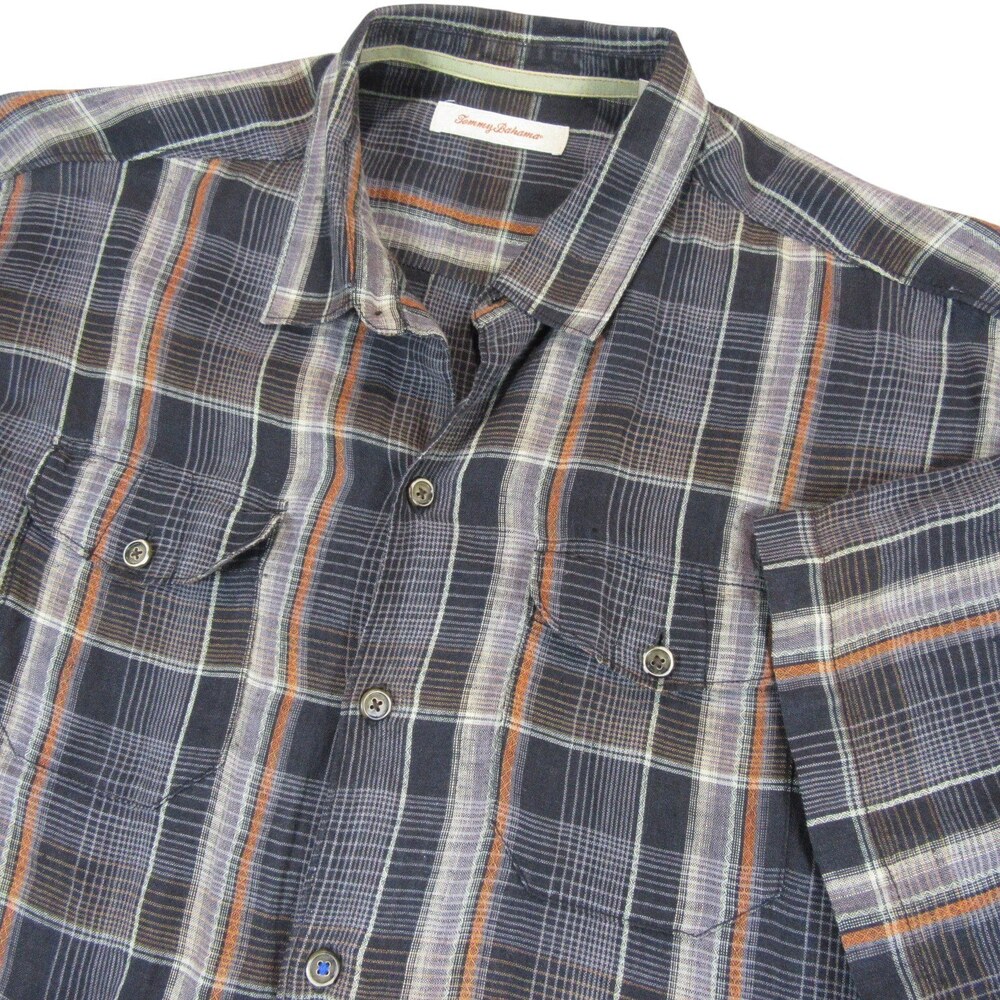 Tommy Bahama Mens Button Up Shirt XL Navy Blue Plaid 100%‎ Linen Pocket Pockets